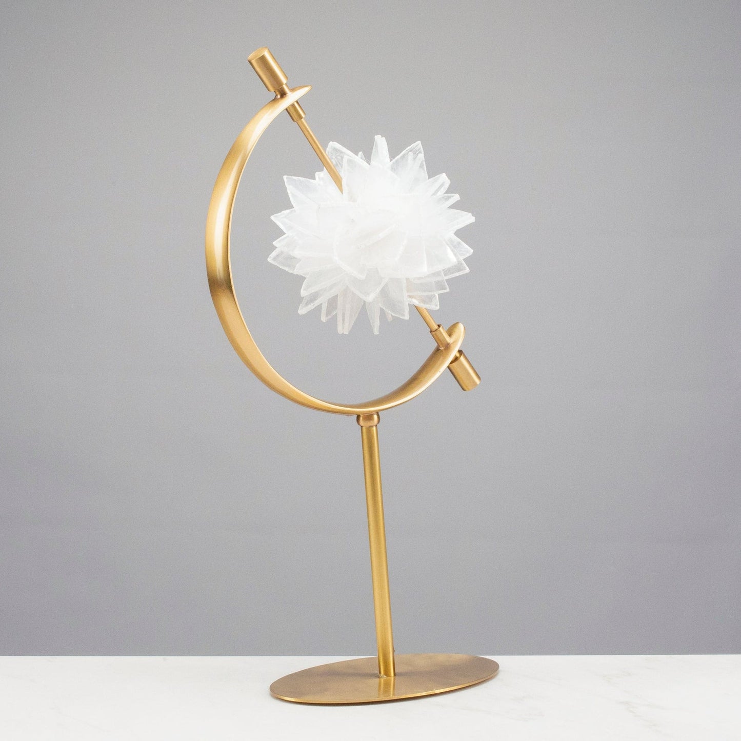Selenite Flower on Arc Brass Stand