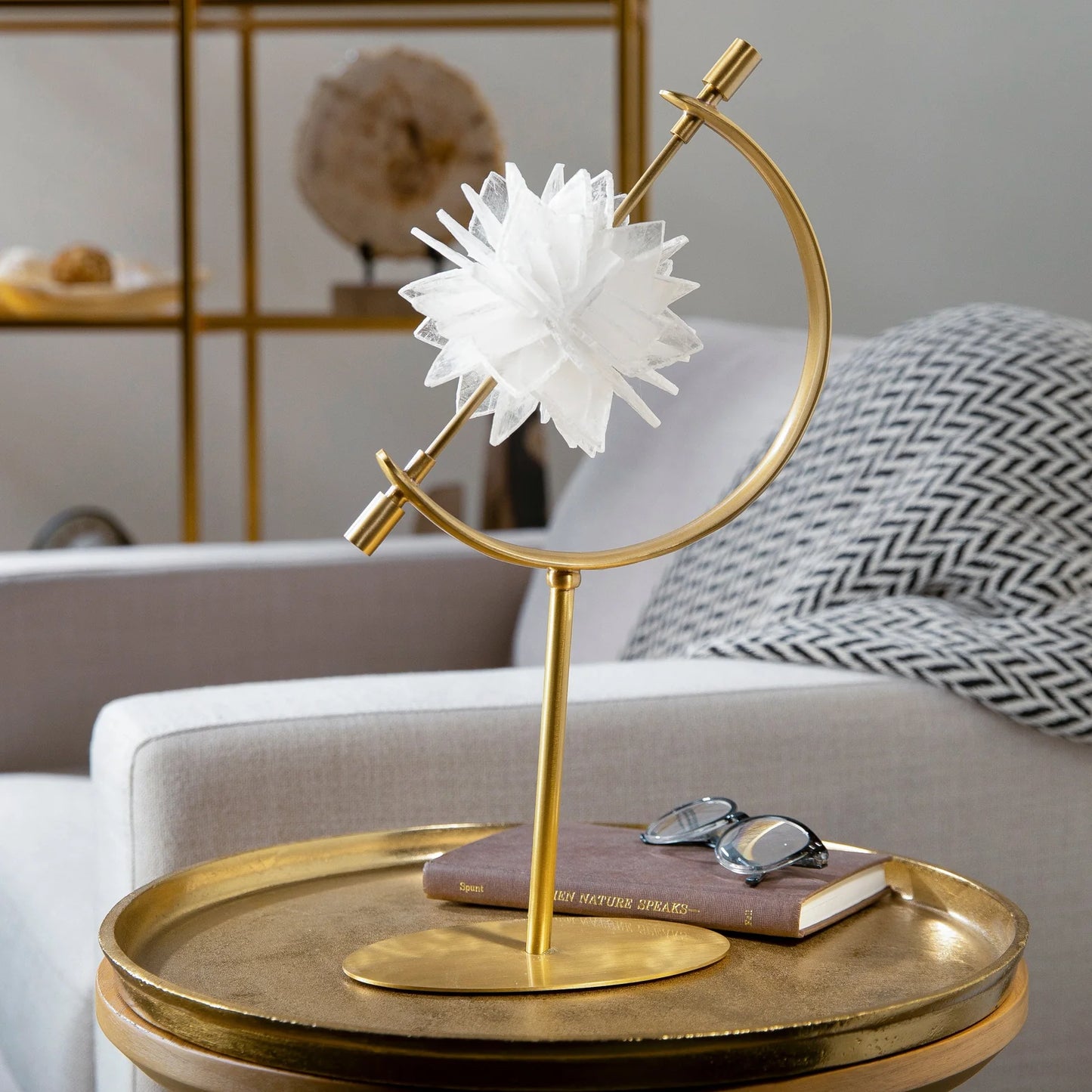 Selenite Flower on Arc Brass Stand