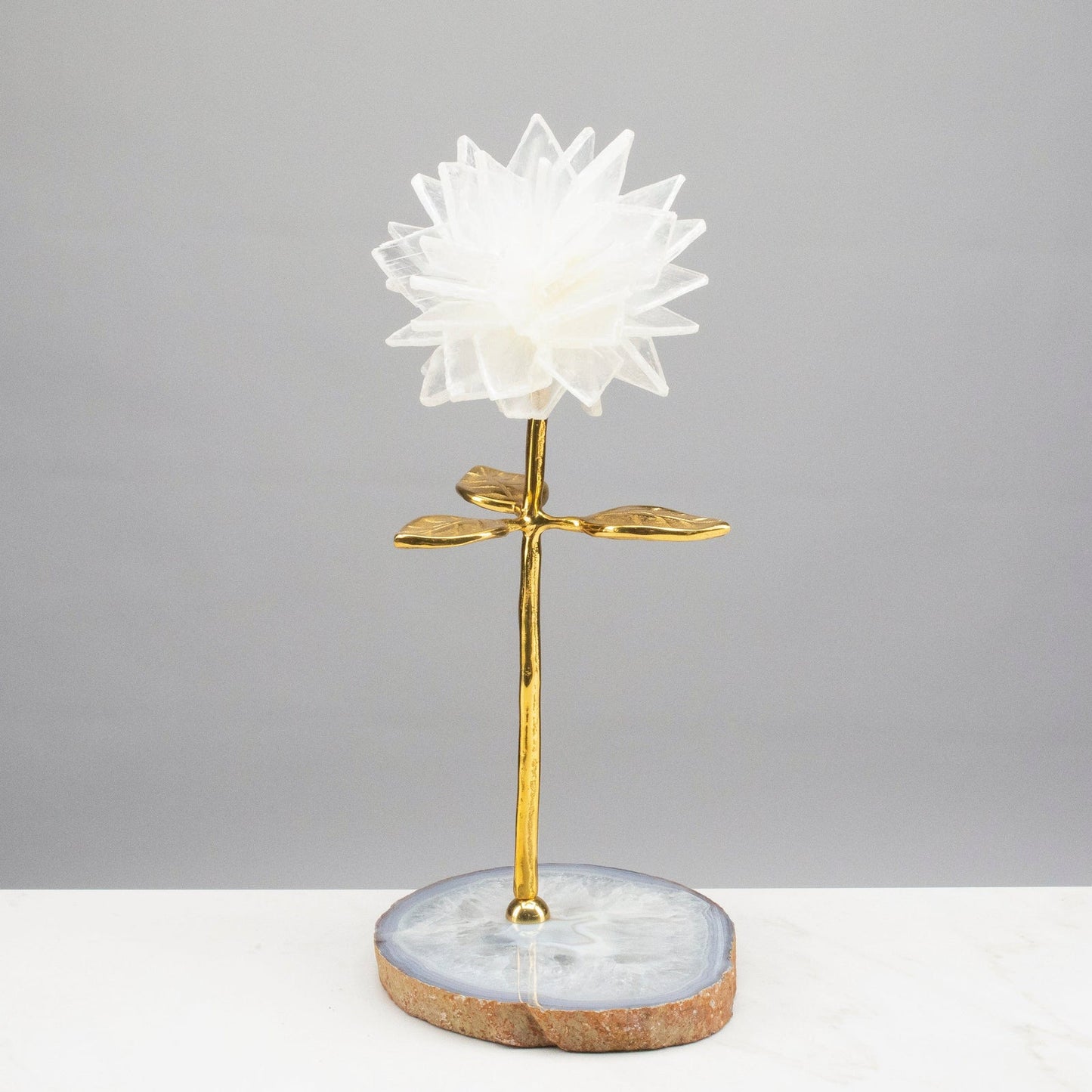 Selenite Flower with Brass Stem on Agate Base