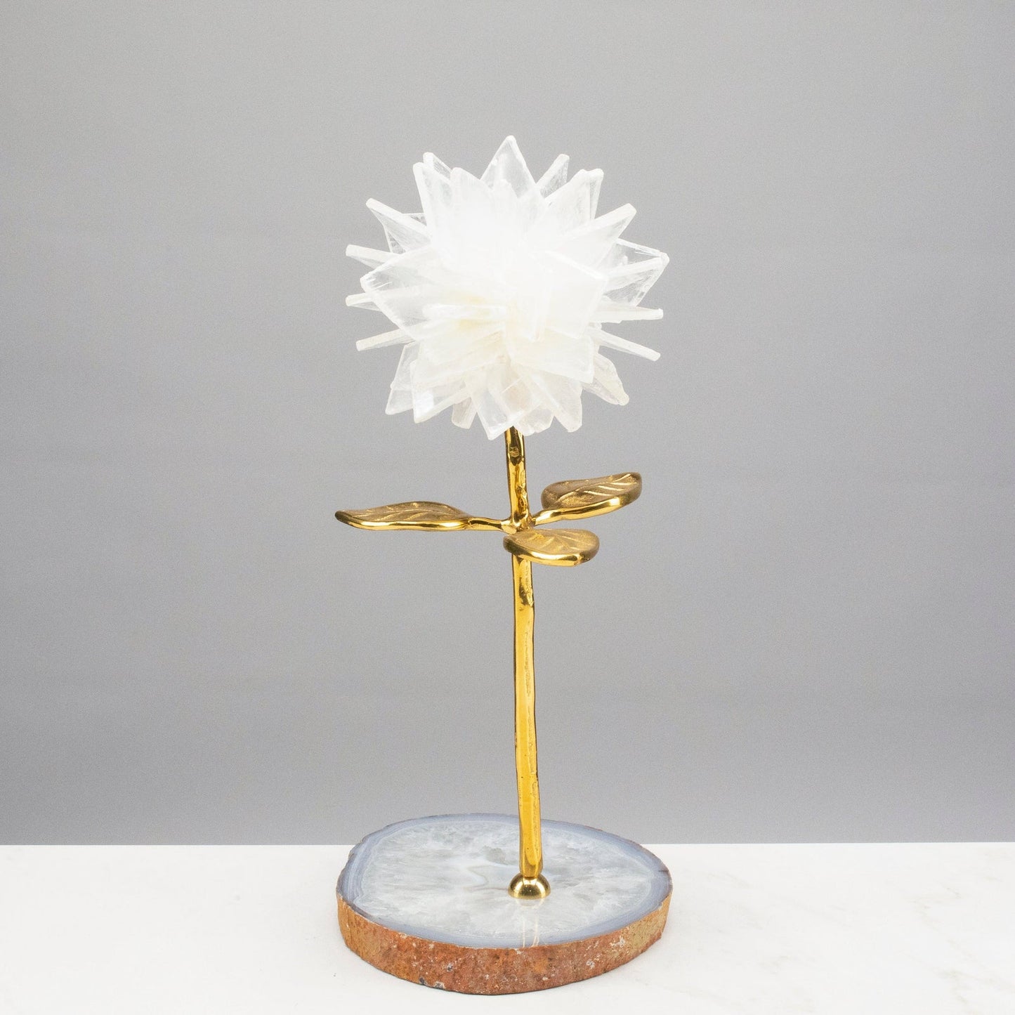 Selenite Flower with Brass Stem on Agate Base