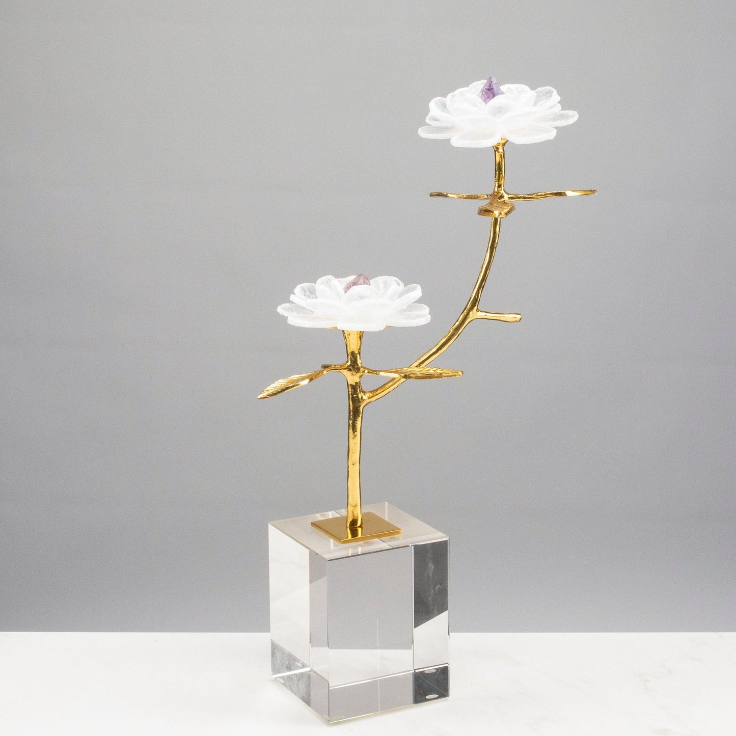 Selenite Flowers with Amethyst Center on Brass Stem on Acrylic Base