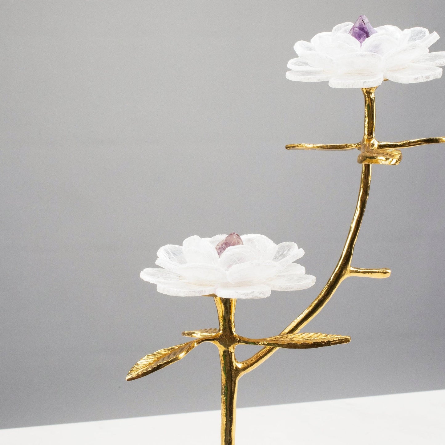 Selenite Flowers with Amethyst Center on Brass Stem on Acrylic Base