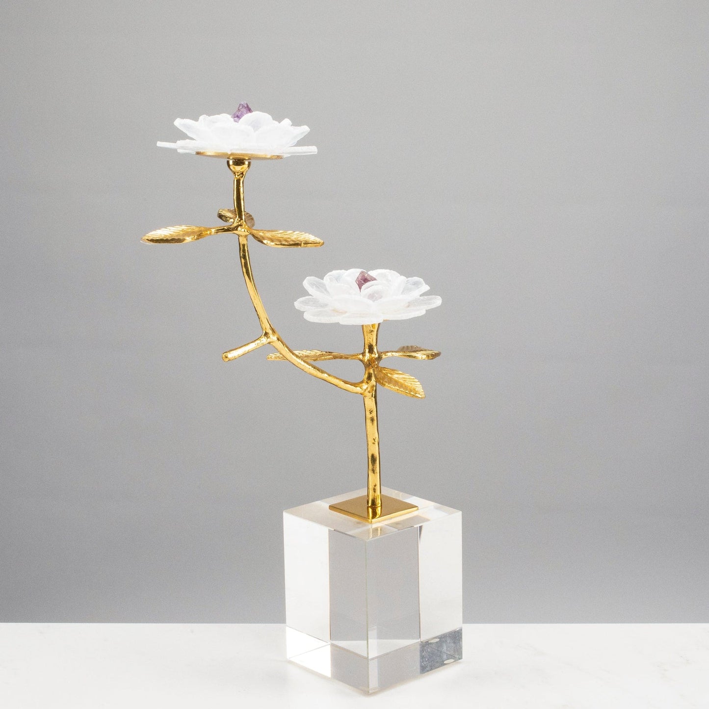 Selenite Flowers with Amethyst Center on Brass Stem on Acrylic Base