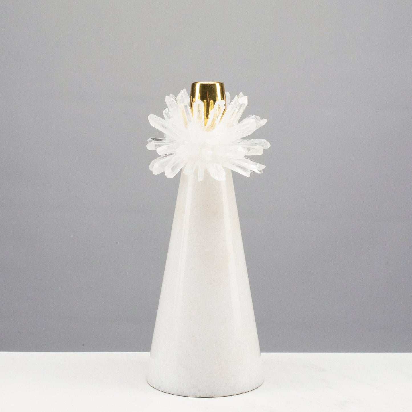 Quartz Cluster Candle Holder on Marble Base with Brass Ring
