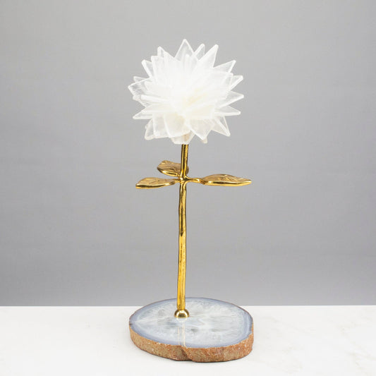 Selenite Flower with Brass Stem on Agate Base