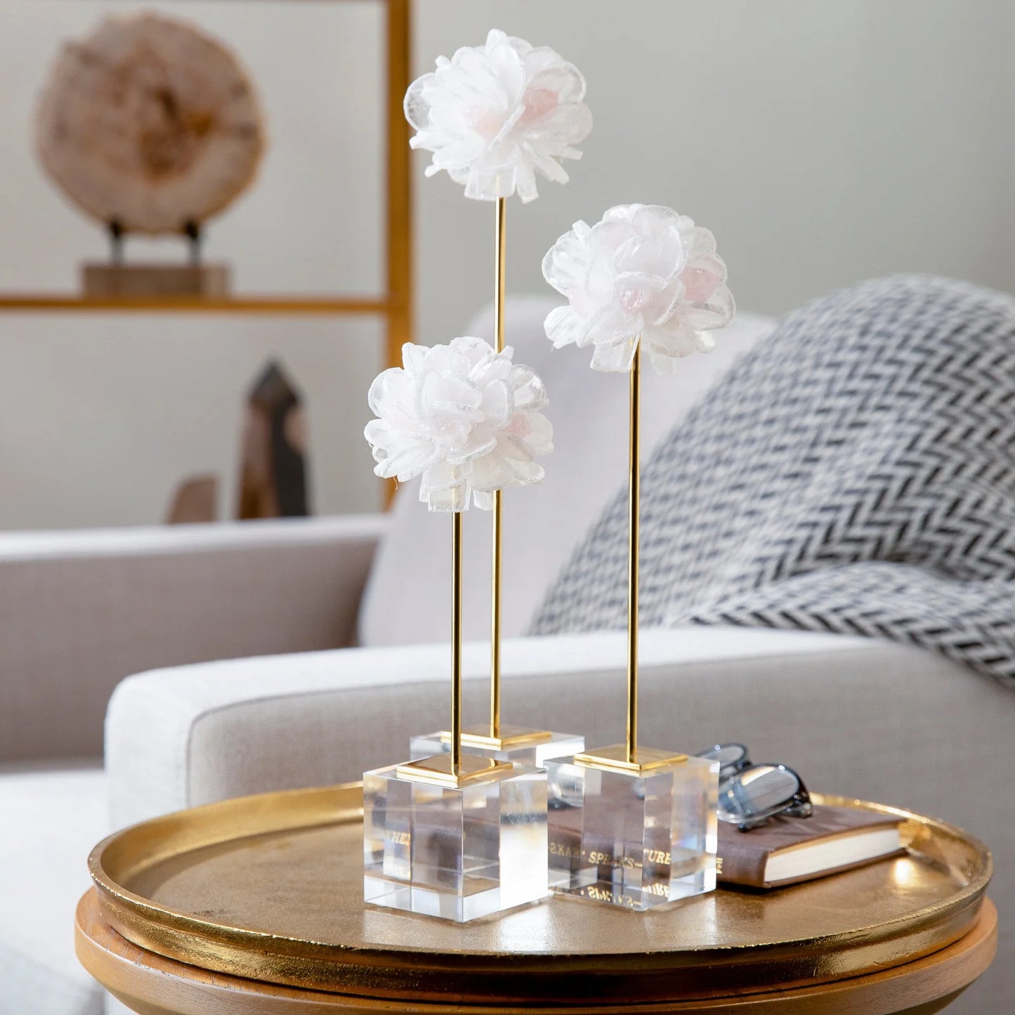 Selenite & Rose Quartz Flower Trio on Brass Stem & Acrylic Base