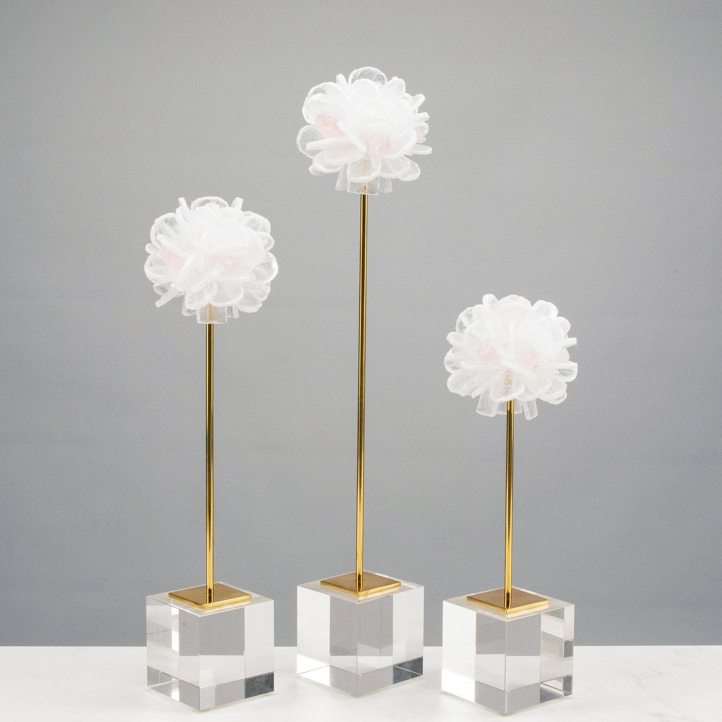 Selenite & Rose Quartz Flower Trio on Brass Stem & Acrylic Base