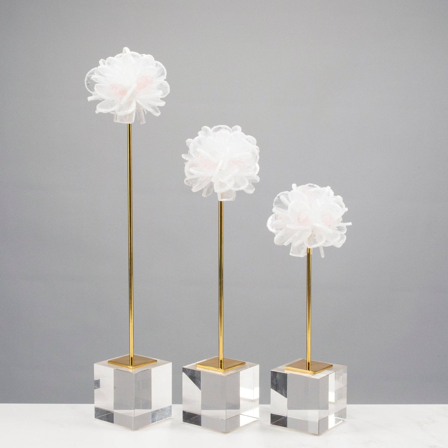 Selenite & Rose Quartz Flower Trio on Brass Stem & Acrylic Base